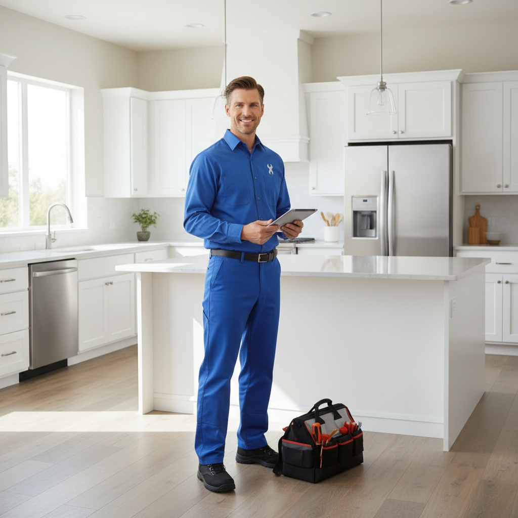 Smiling appliance repair technician standing in a modern kitchen