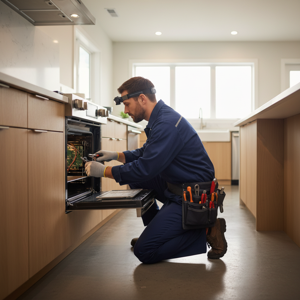 Appliance repair technician repairing a built-in oven